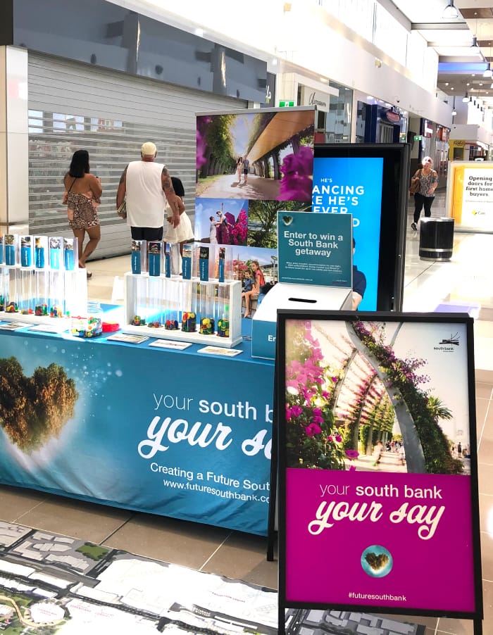 Future South Bank community consultation event signage and display in shopping centre